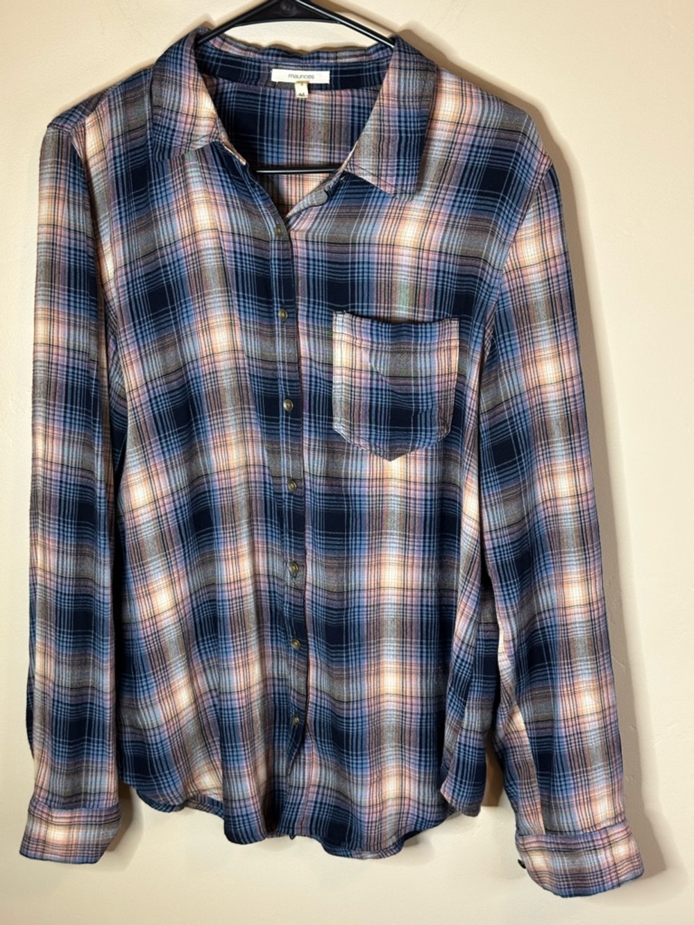 Maurices MEDIUM Western Inspo Plaid in Navy and Cream Button-Down Shirt